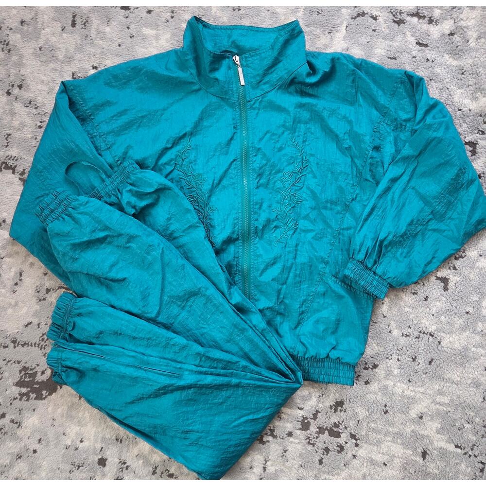 Vintage Billblass Green Embroidered Women's Tracksuit Set Activewear Windbreaker